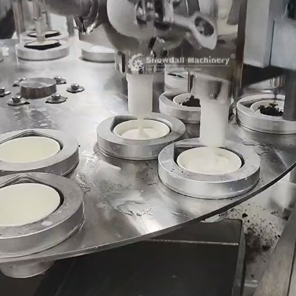 Línea de producción de helados, productora continua, incorporadora, llenadora rotativa de vasos